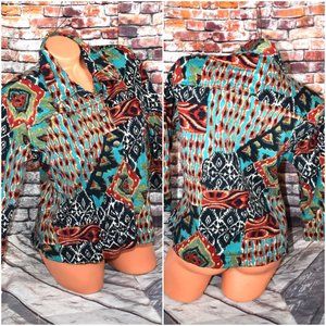 Kaktus Large 3/4 Sleeve Button Up Denim Jacket Multicolored Animal Print
